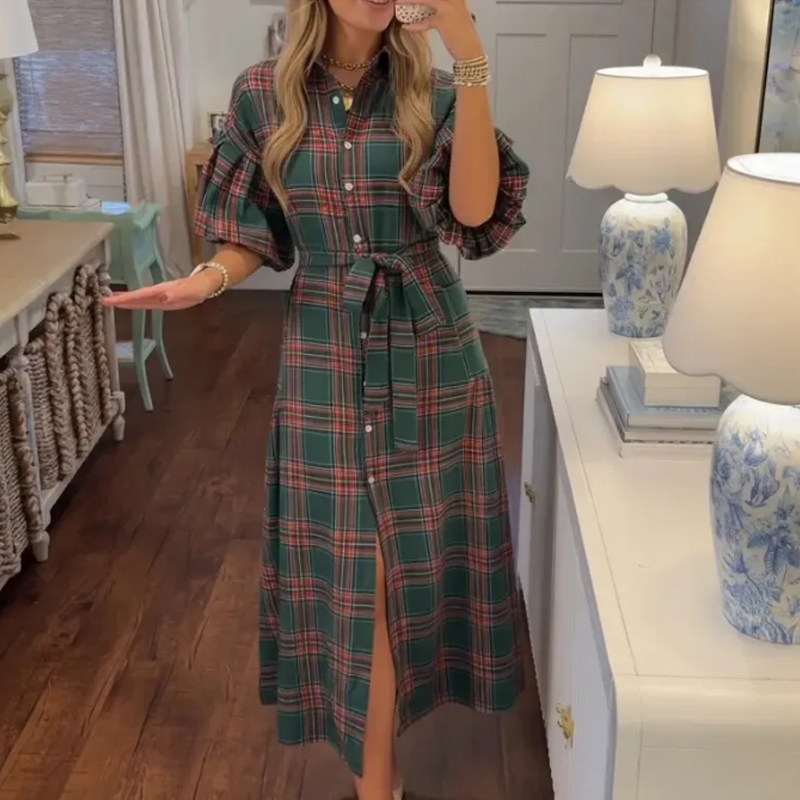 Robe chemise longue à carreaux décontractée pour femme