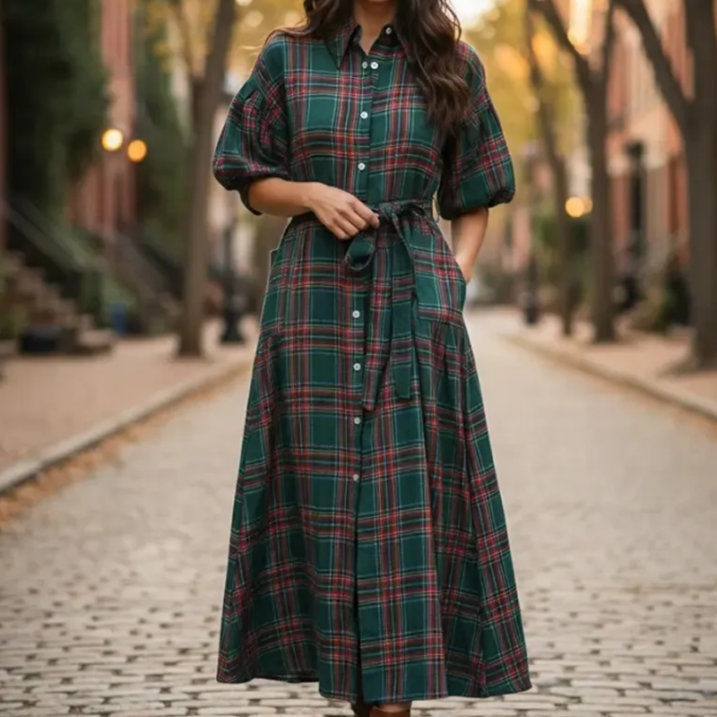 Robe chemise longue à carreaux décontractée pour femme