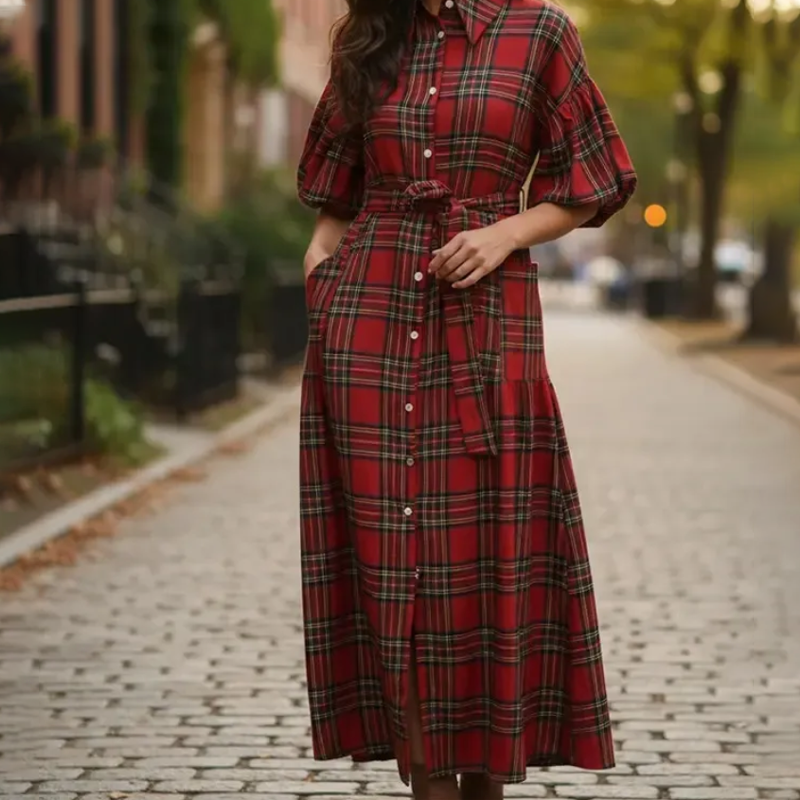 Robe chemise longue à carreaux décontractée pour femme