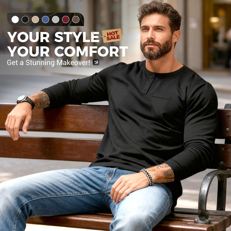 🔥 50 % de réduction immédiate – T-shirt Henley manches longues slim fit pour homme : respirant, élégant & polyvalent ! 👔👕