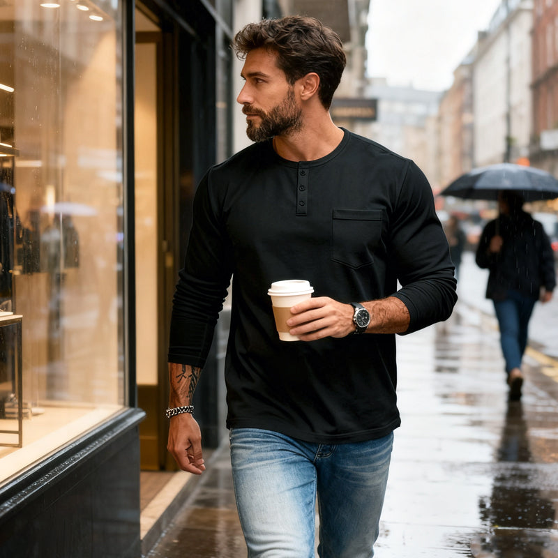 🔥 50 % de réduction immédiate – T-shirt Henley manches longues slim fit pour homme : respirant, élégant & polyvalent ! 👔👕