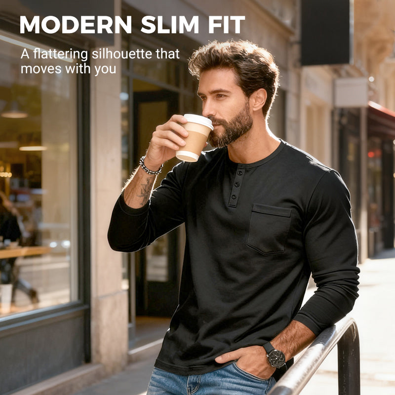🔥 50 % de réduction immédiate – T-shirt Henley manches longues slim fit pour homme : respirant, élégant & polyvalent ! 👔👕