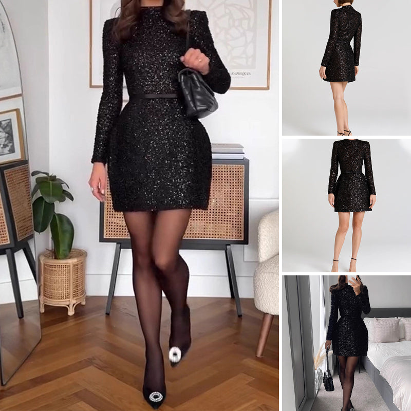 🎀 【Édition Prestige】👗Robe longue à manches longues scintillante avec ceinture pour femme