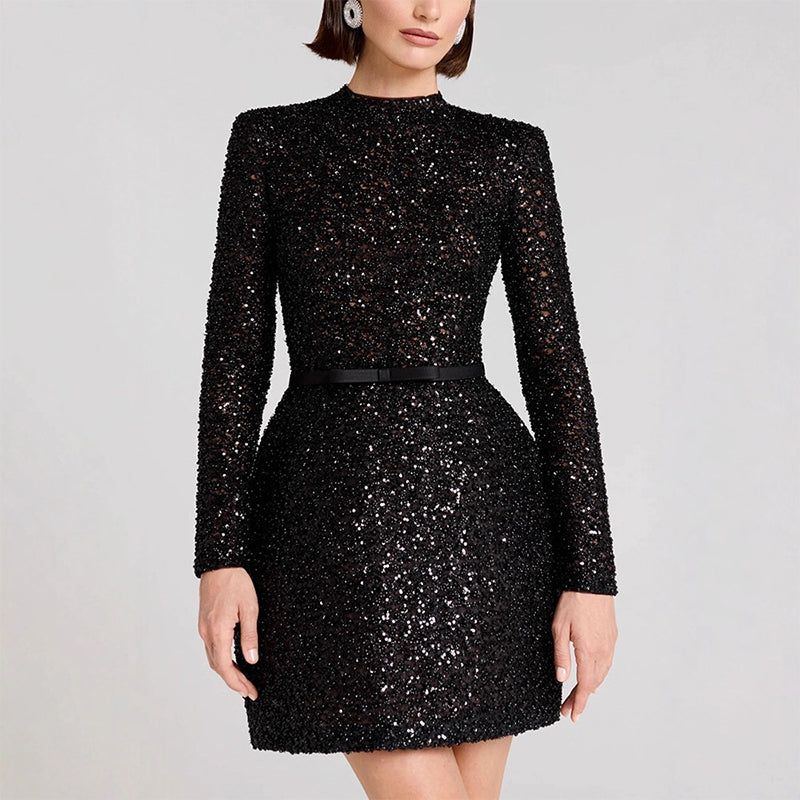🎀 【Édition Prestige】👗Robe longue à manches longues scintillante avec ceinture pour femme