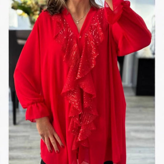 📢📢50 % de réduction !!!🎅Chemise à manches longues à col en V en mousseline et paillettes pour femmes