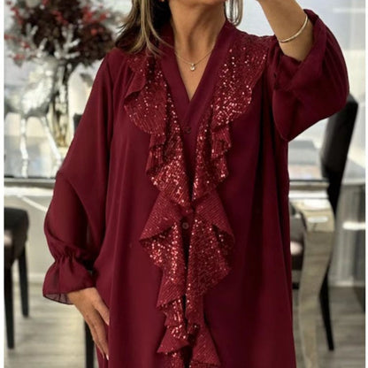 📢📢50 % de réduction !!!🎅Chemise à manches longues à col en V en mousseline et paillettes pour femmes