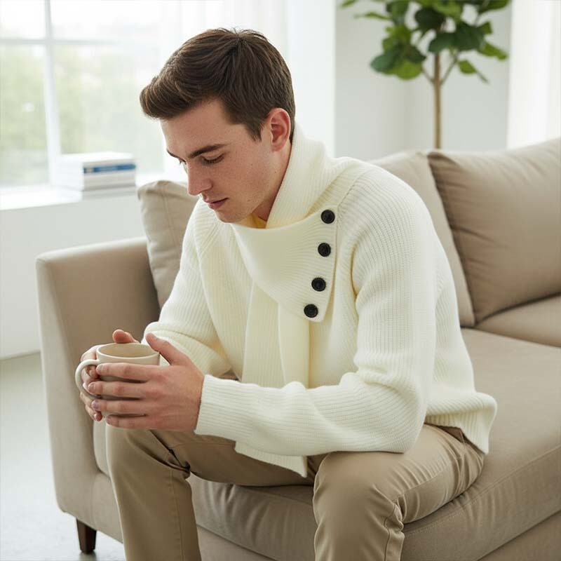 🎇Convient aussi bien aux hommes qu'aux femmes🎇Pull décontracté côtelé  avec écharpe amovible.