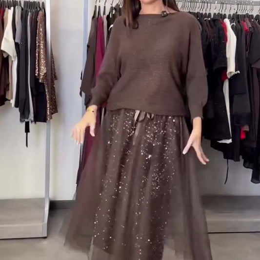 Ensemble 2 pièces pour femme : haut en maille et robe en maille