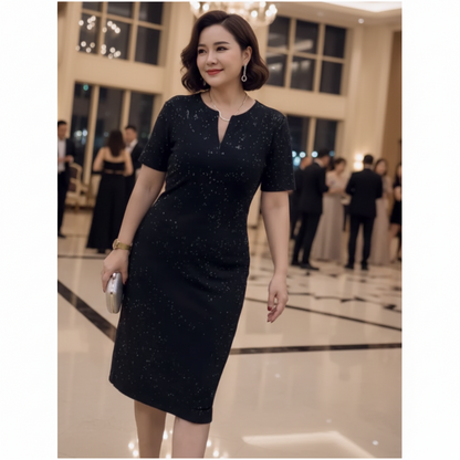 🧡Nouveauté🔥Robe classique noire à manches courtes et col en V scintillante