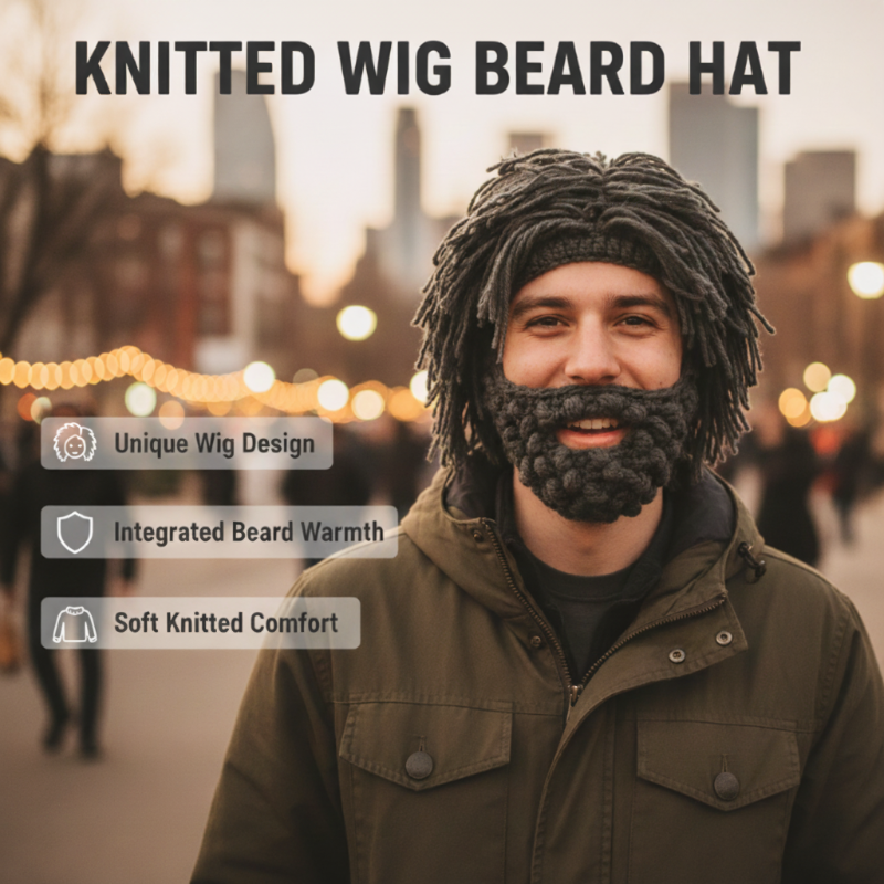 📢📢50% de réduction ! 🎩Chapeau Punk avec Perruque et Barbe Tricotée✨Style Unique, Prêt à Porter & Accessoire de Déguisement💥