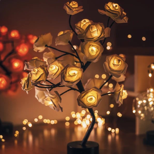 🌹✨Veilleuse arbre avec motif fleur de rose, lampe de table alimentée par USB