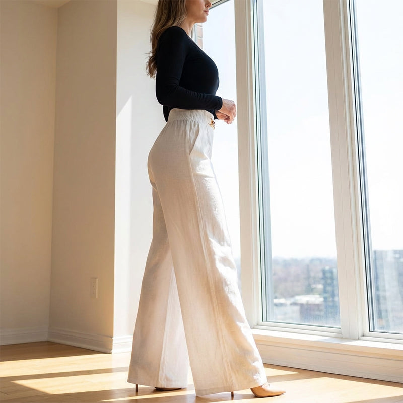 📢📢49 % de réduction !! ⏰Pantalon taille haute à jambes larges pour femme avec ceinture décorative
