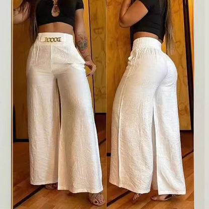 📢📢49 % de réduction !! ⏰Pantalon taille haute à jambes larges pour femme avec ceinture décorative