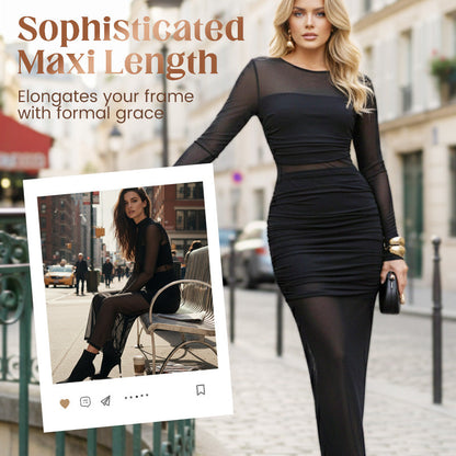 Robe longue moulante à manches longues en maille froncée