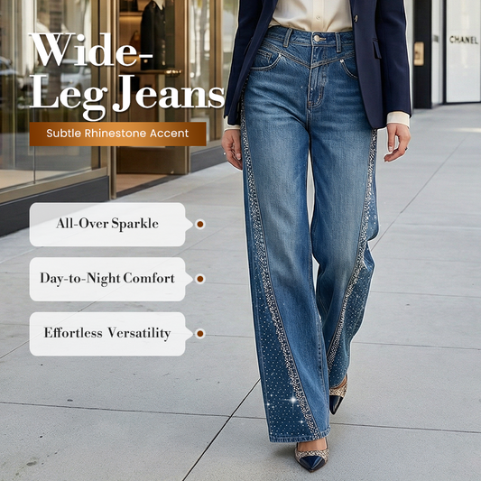 ✨🔥Jean large à jambes larges pour femme, orné de strass👖