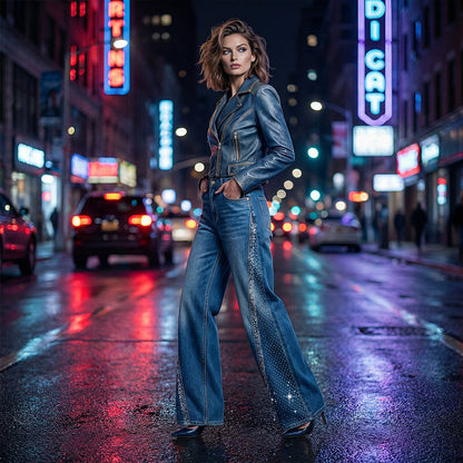 ✨🔥Jean large à jambes larges pour femme, orné de strass👖