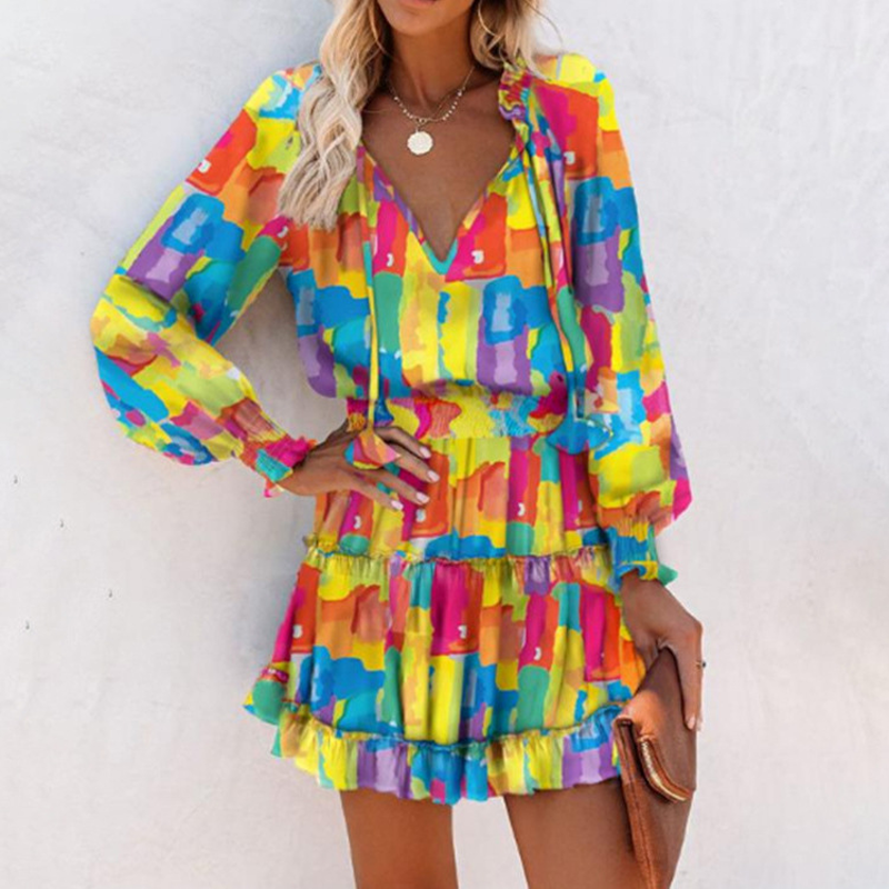 💃Robe mini col V femme – MANCHES LONGUES, OURLET À VOLANTS et tissu stretch ajusté pour une allure élégante✨