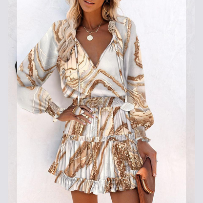 💃Robe mini col V femme – MANCHES LONGUES, OURLET À VOLANTS et tissu stretch ajusté pour une allure élégante✨