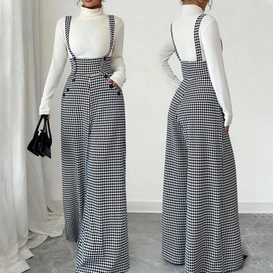 📢📢50 % DE RÉDUCTION !! ⏰ Pantalon Taille Haute à Bretelles Motif Pied-de-Poule – Coupe Large, Élégance Vintage & Silhouette Allongée 🎀👖