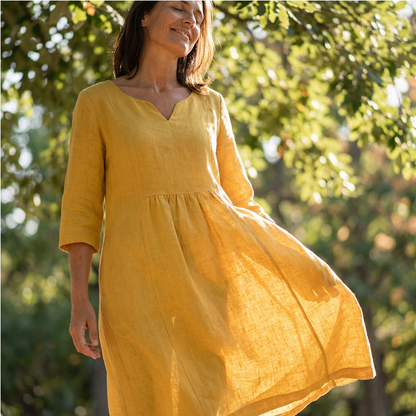 Robuste décontractée à col V en coton et lin – Manches 3/4, avec fermeture éclair sur le côté 👗