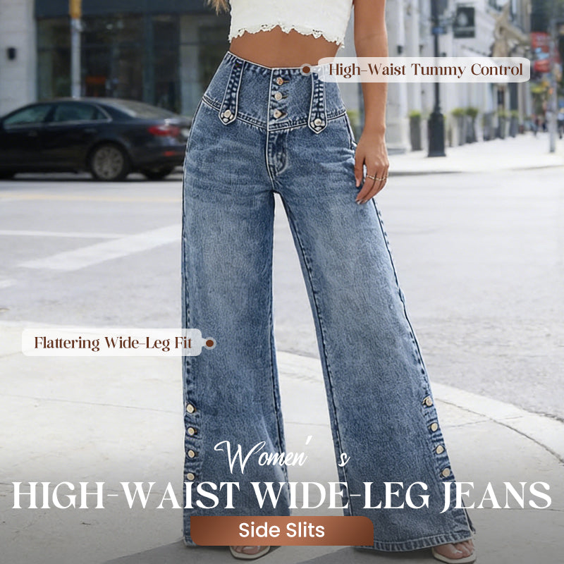 Jean taille haute à jambes larges et fentes latérales pour femme