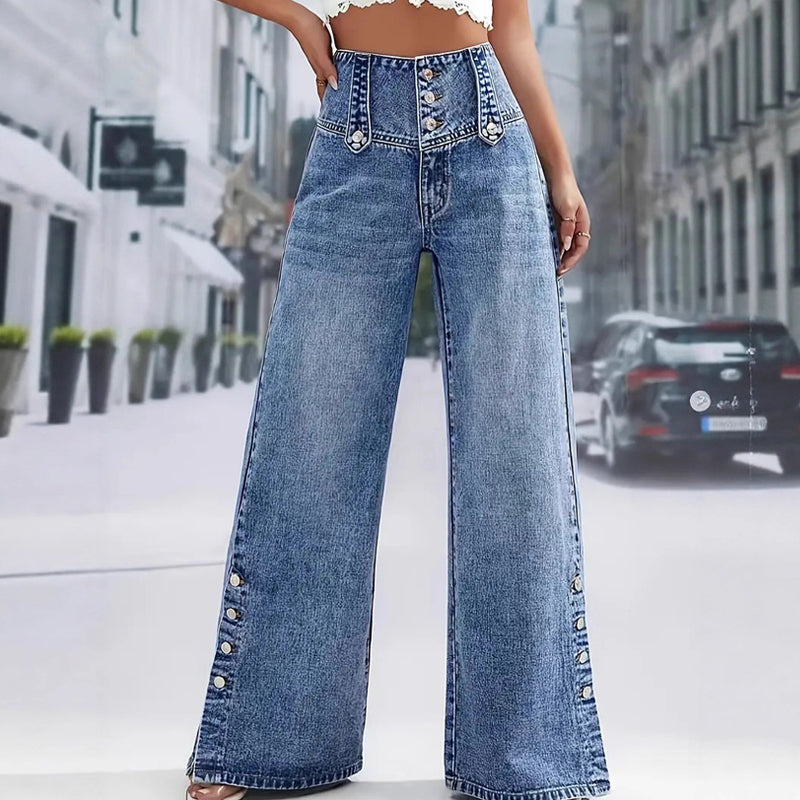 Jean taille haute à jambes larges et fentes latérales pour femme
