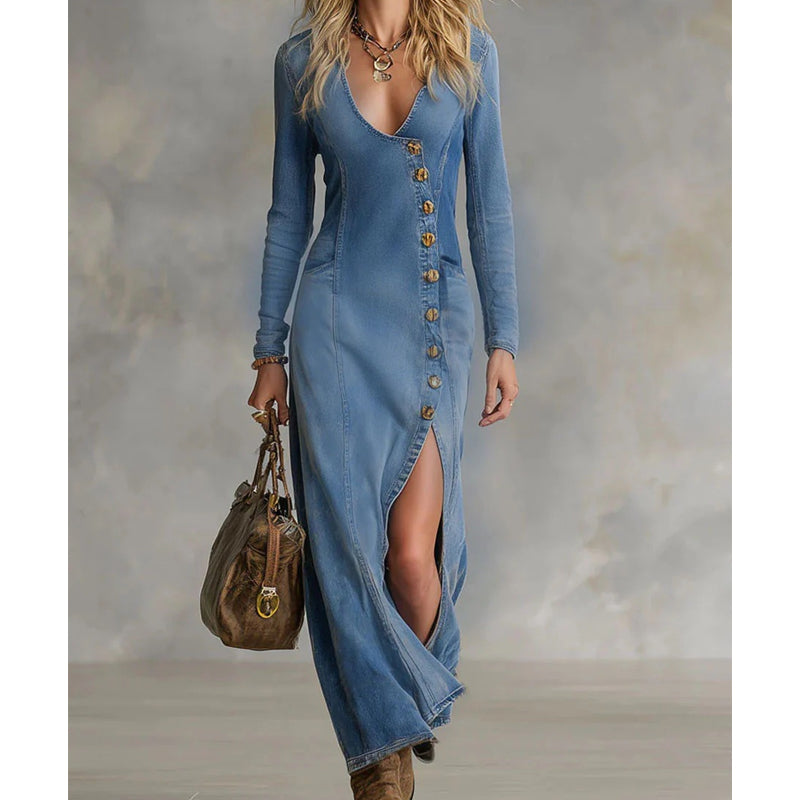 👗Robe longue à manches longues et col en V pour femme – Tissu doux, coupe moulante et fente élégante 💫💃