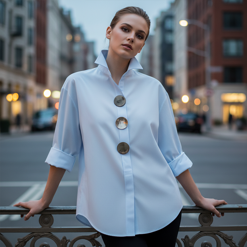 💎 50% DE RÉDUCTION – TEMPS LIMITÉ ! 💎 Chemise Oversize pour Femme avec Boutons Décoratifs – Col Montant, Ourlet Courbé & Polyester Anti-Froissement 👚✨
