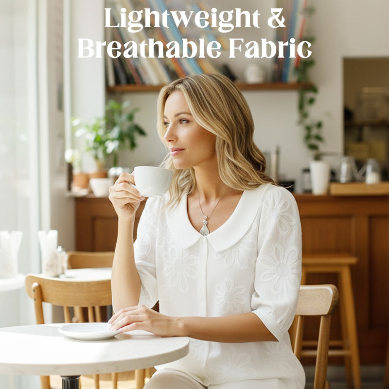 💎 50% DE RÉDUCTION – TEMPS LIMITÉ !💎Chemise à Col Rétro avec Broderie Florale – Polyester Léger, Manches Mi-Longues & Coupe Féminine  blouse🌸