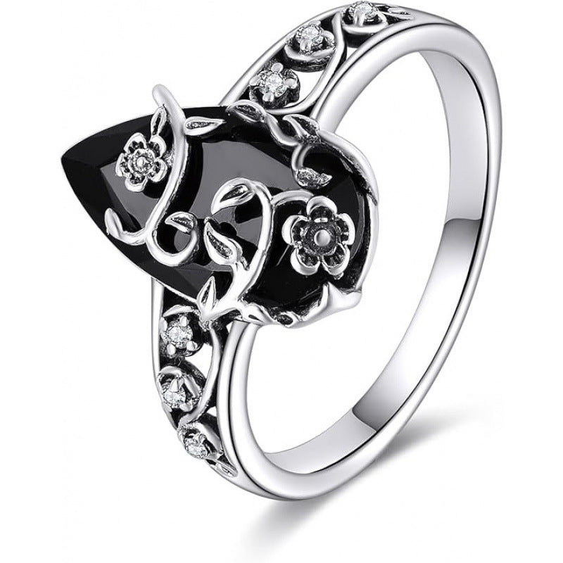 💎 50% sur Bague Bohème Vintage à Motif Floral ! 💎 Artisanat Détaillé, Pierre Précieuse Noire & Style Romantique Ajustable✨