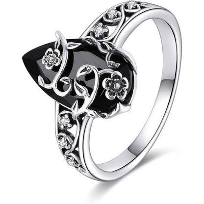 💎 50% sur Bague Bohème Vintage à Motif Floral ! 💎 Artisanat Détaillé, Pierre Précieuse Noire & Style Romantique Ajustable✨