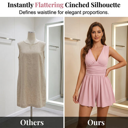 🥳 HOT SALE 2026 🥳💞 50K+ VENDUS ! 👗🌸 -50 % DE RÉDUCTION ! Combinaison courte V-neck taille pinces – Sans manches & flatteuse, taille plissée qui souligne les courbes. Tissu doux & respirant, parfaite pour les journées ensoleillées. 🦋✨