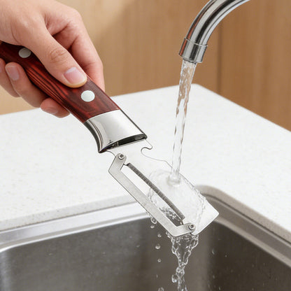📢📢50 % DE RÉDUCTION !! ⏰🥒 Éplucheur 3-en-1 en Acier Inox – Lame Large, Ouvre-Bouteille & Poignée Ergonomique (Rouge/Noir)