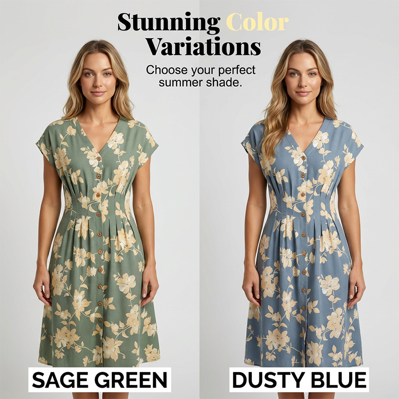 Women's V-Neck Floral Print Button-Down Midi Dress