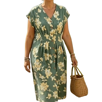 Women's V-Neck Floral Print Button-Down Midi Dress