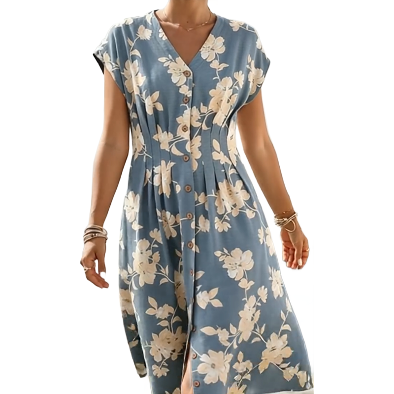 Women's V-Neck Floral Print Button-Down Midi Dress