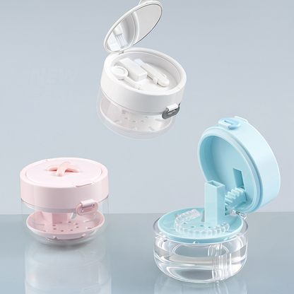 😁 Boîte de rangement tout-en-un pour appareils dentaires et gouttières occlusales – Boîte de nettoyage étanche avec miroir, brosse et panier filtrant